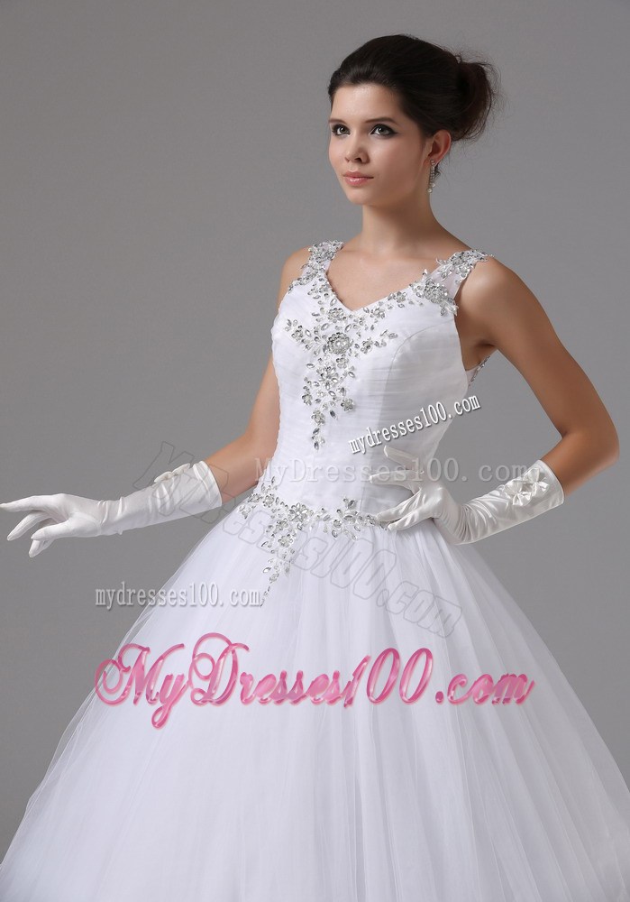 Appliques and Beadings Decorated Straps Dress for Brides with Puffy Skirt