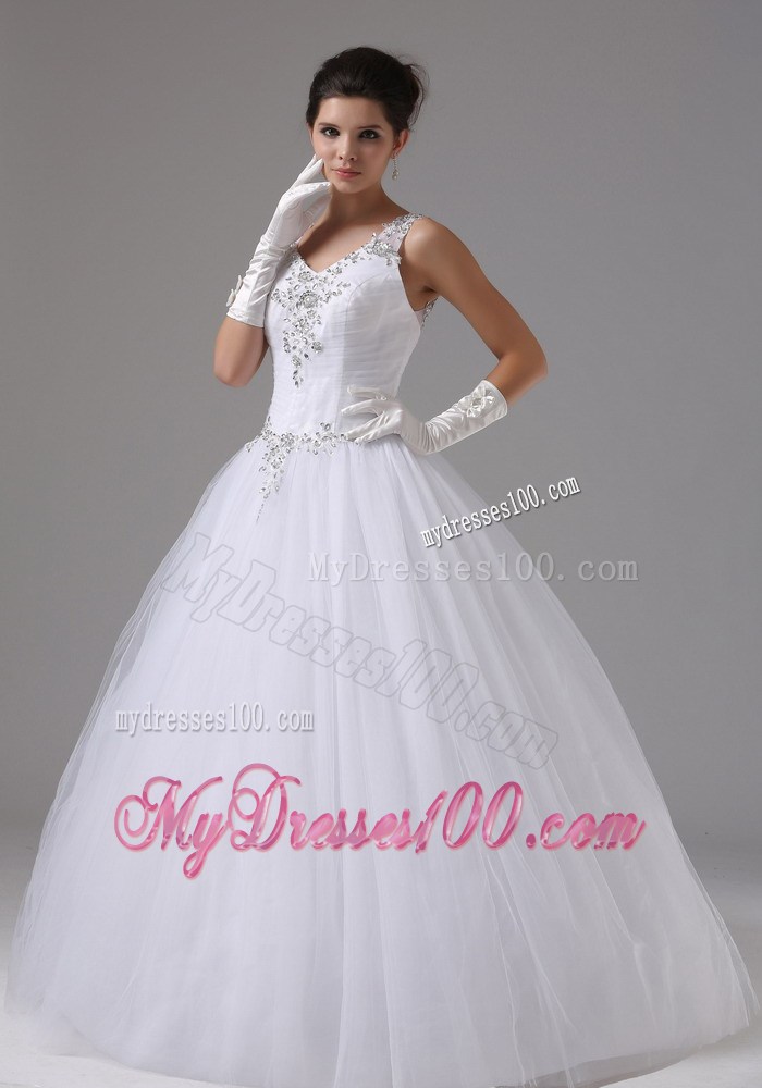 Appliques and Beadings Decorated Straps Dress for Brides with Puffy Skirt