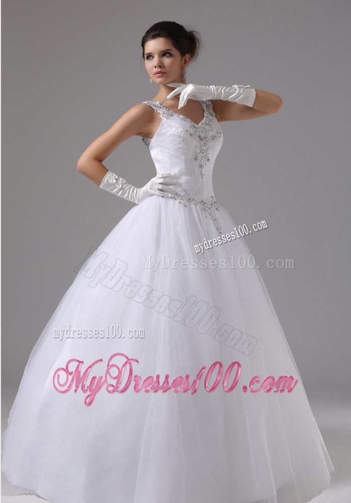 Appliques and Beadings Decorated Straps Dress for Brides with Puffy Skirt