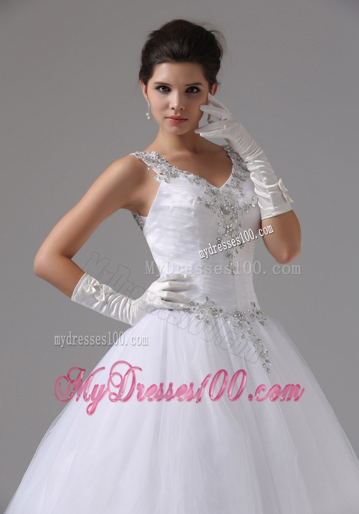 Appliques and Beadings Decorated Straps Dress for Brides with Puffy Skirt