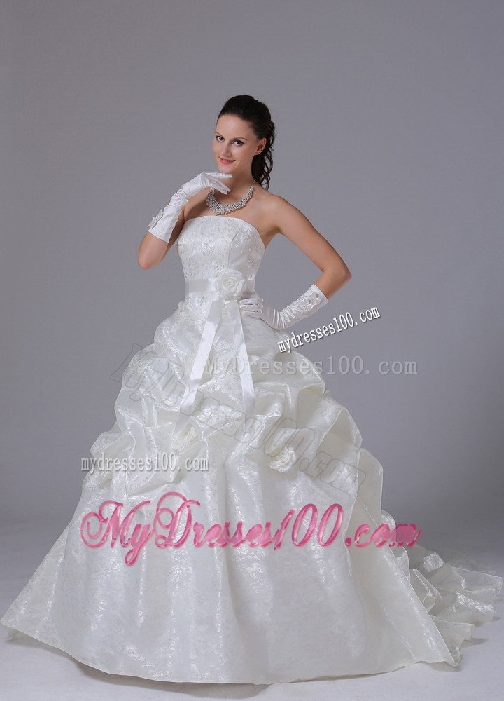 Flowers and Sash Ivory Court Train Wedding Gown with Pick-ups