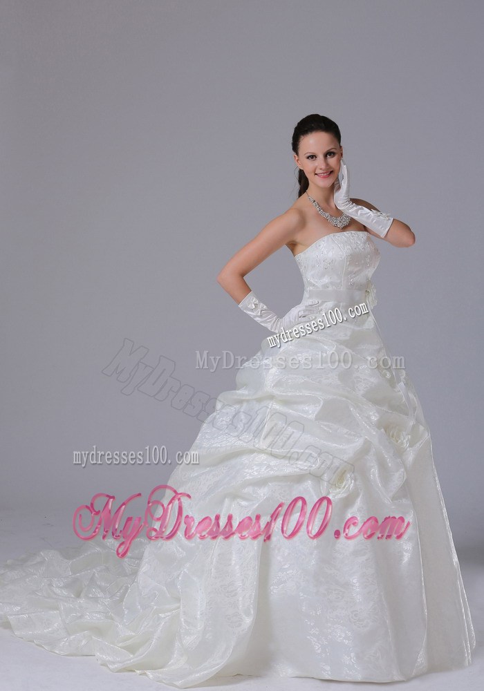 Flowers and Sash Ivory Court Train Wedding Gown with Pick-ups