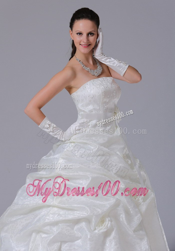 Flowers and Sash Ivory Court Train Wedding Gown with Pick-ups