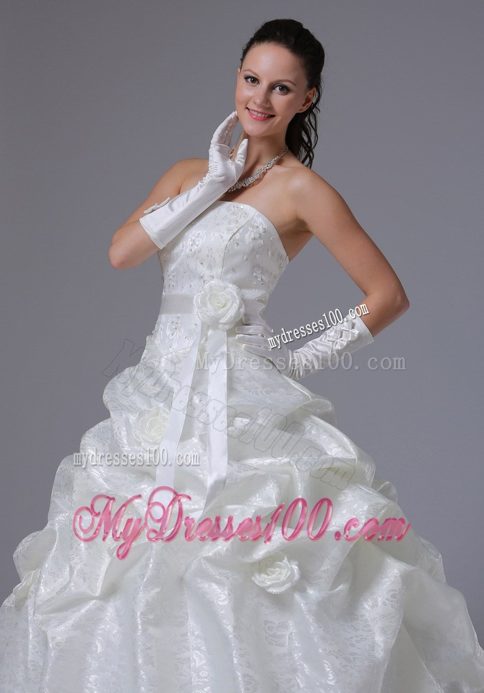 Flowers and Sash Ivory Court Train Wedding Gown with Pick-ups