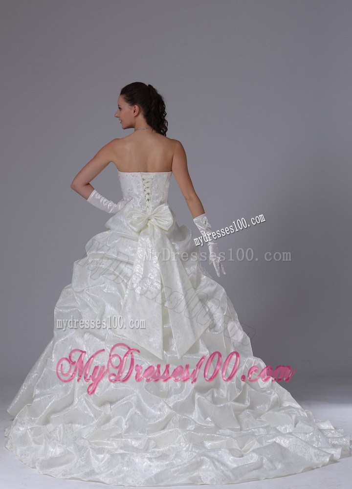 Flowers and Sash Ivory Court Train Wedding Gown with Pick-ups