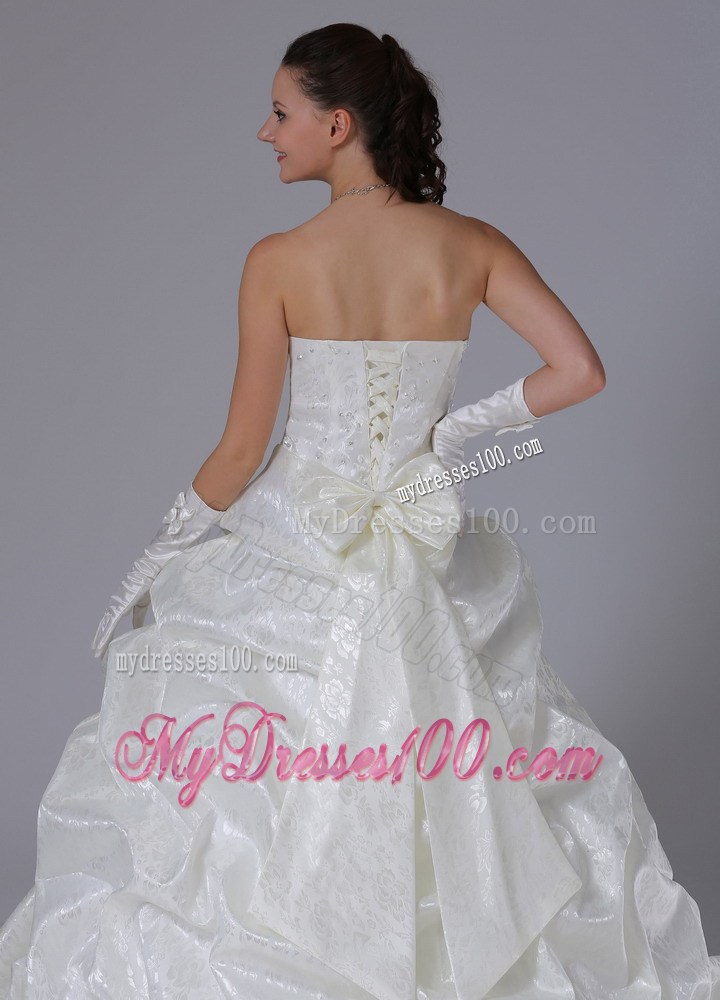 Flowers and Sash Ivory Court Train Wedding Gown with Pick-ups
