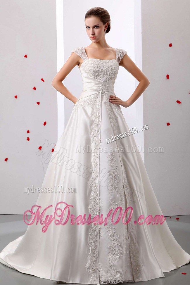 Lace Wide Straps Ruched Wedding Gowns with Lace Flowers And Court Train