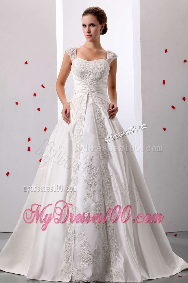 Lace Wide Straps Ruched Wedding Gowns with Lace Flowers And Court Train