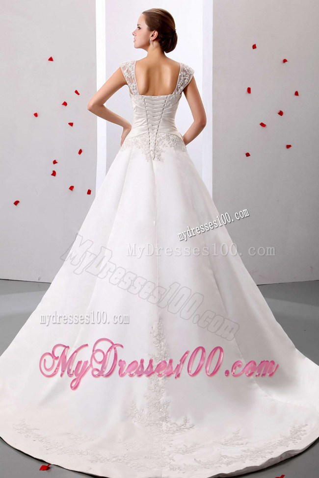 Lace Wide Straps Ruched Wedding Gowns with Lace Flowers And Court Train