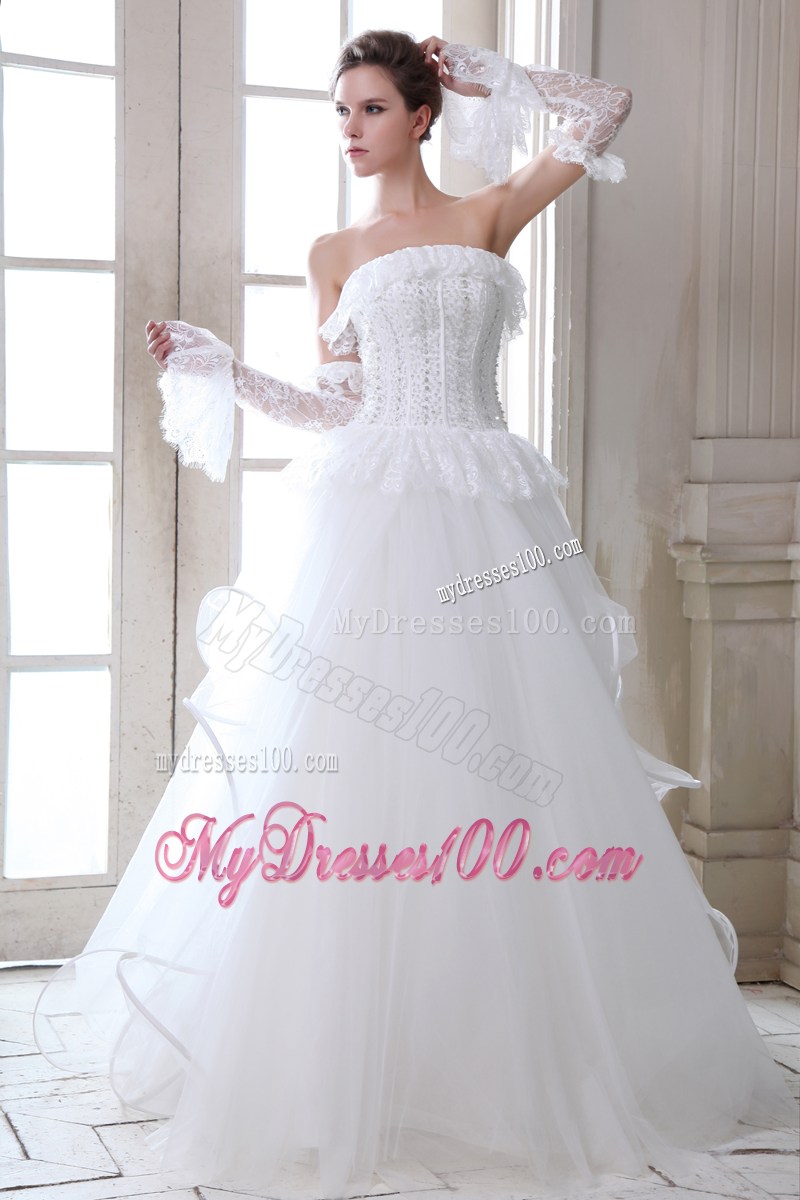 Lace Petal Neckline Wedding Gown with Beading Bodice and Ruffles