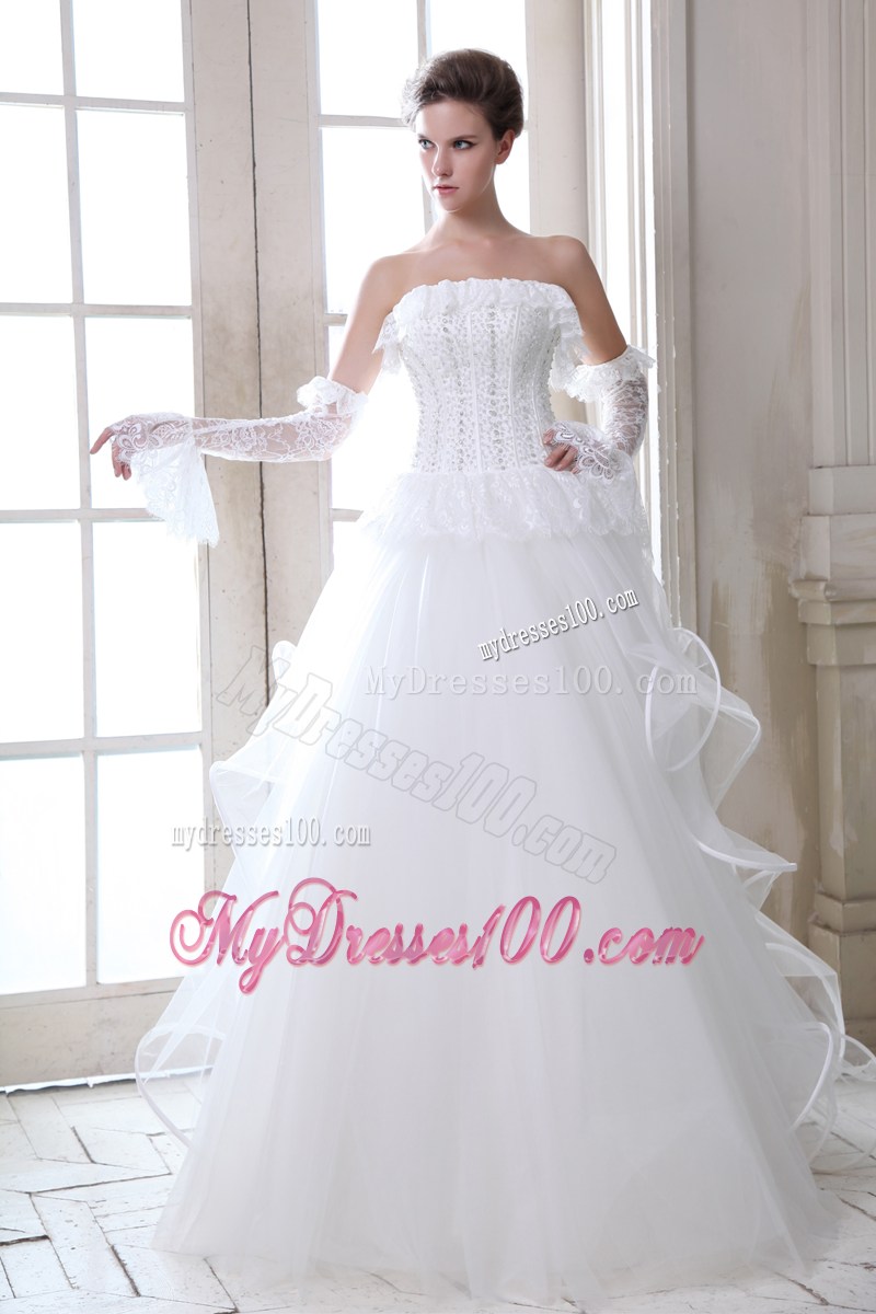 Lace Petal Neckline Wedding Gown with Beading Bodice and Ruffles