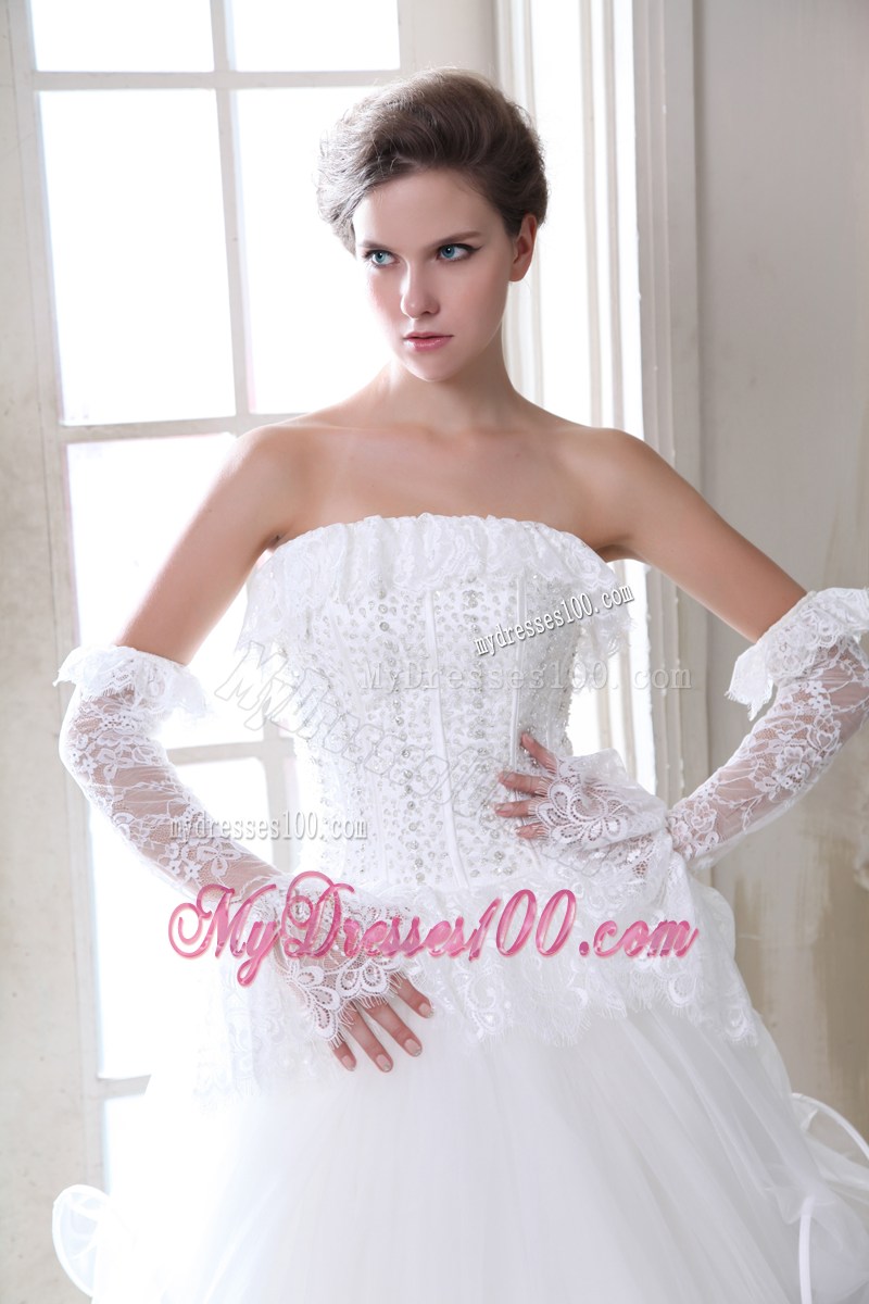 Lace Petal Neckline Wedding Gown with Beading Bodice and Ruffles