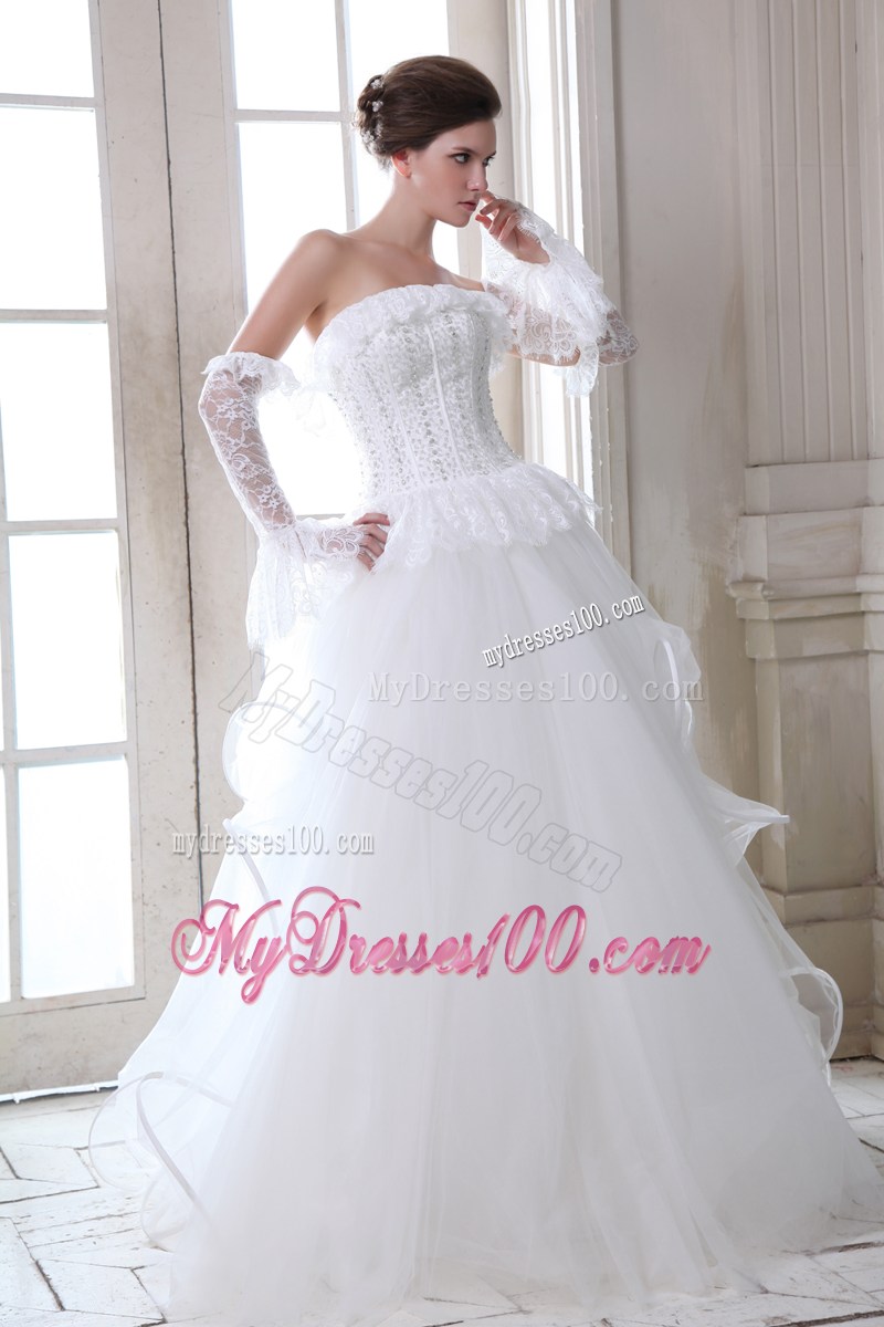 Lace Petal Neckline Wedding Gown with Beading Bodice and Ruffles