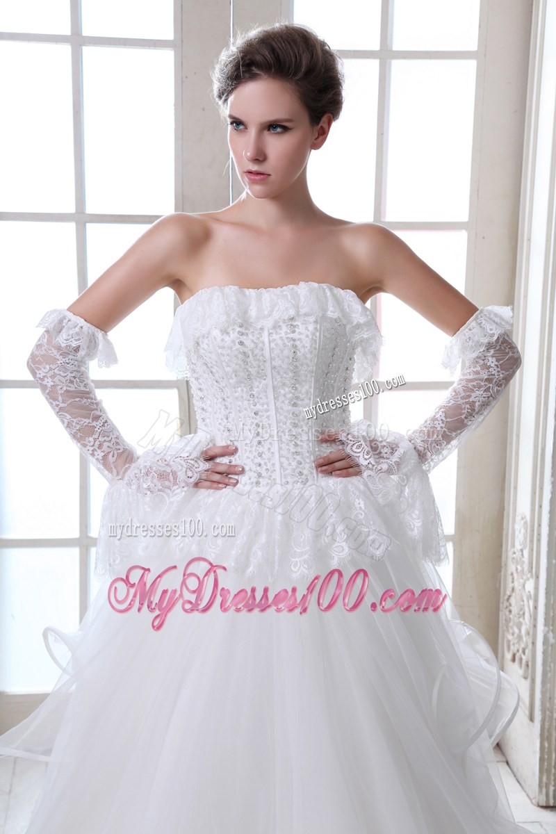 Lace Petal Neckline Wedding Gown with Beading Bodice and Ruffles