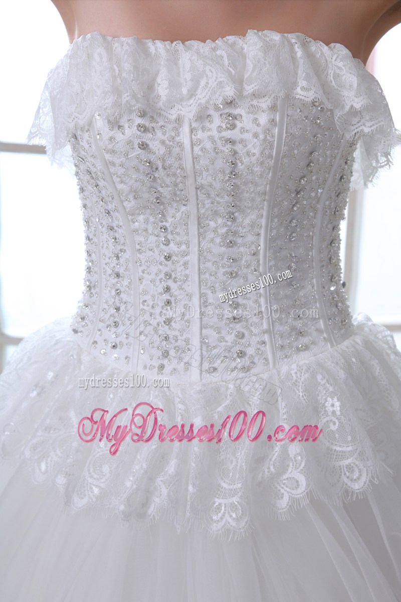 Lace Petal Neckline Wedding Gown with Beading Bodice and Ruffles