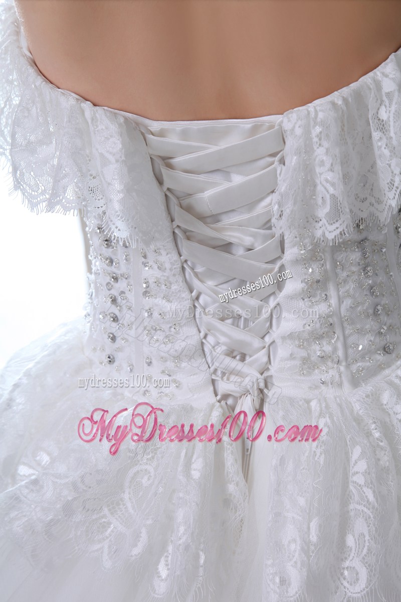 Lace Petal Neckline Wedding Gown with Beading Bodice and Ruffles