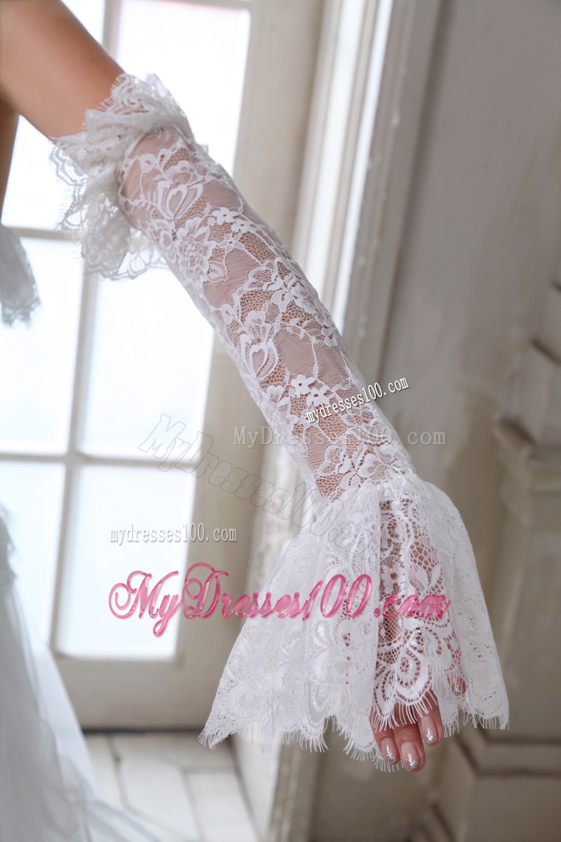 Lace Petal Neckline Wedding Gown with Beading Bodice and Ruffles