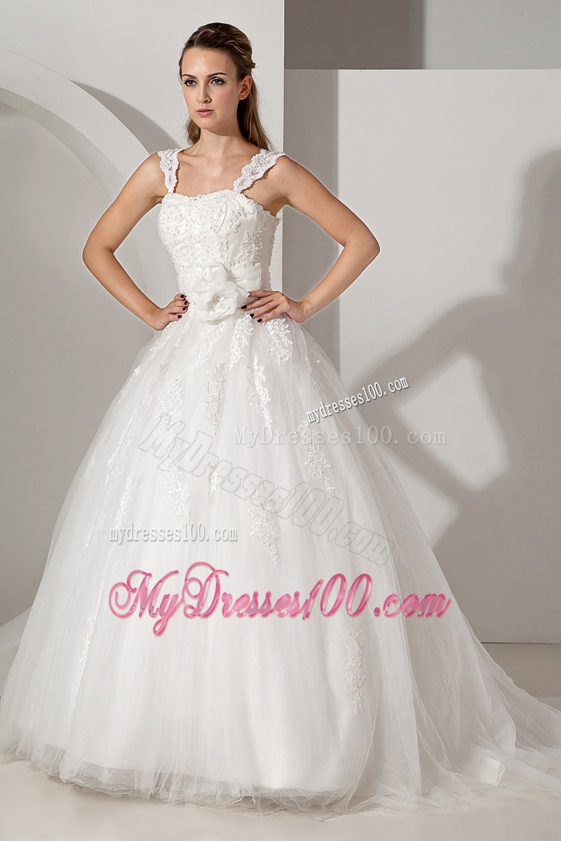 Flowers and Appliques Decorate on Court Train Straps Wedding Dress