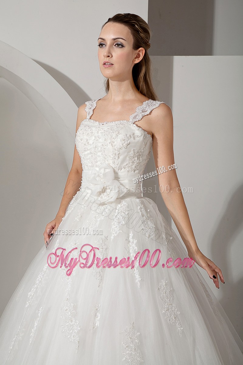 Flowers and Appliques Decorate on Court Train Straps Wedding Dress