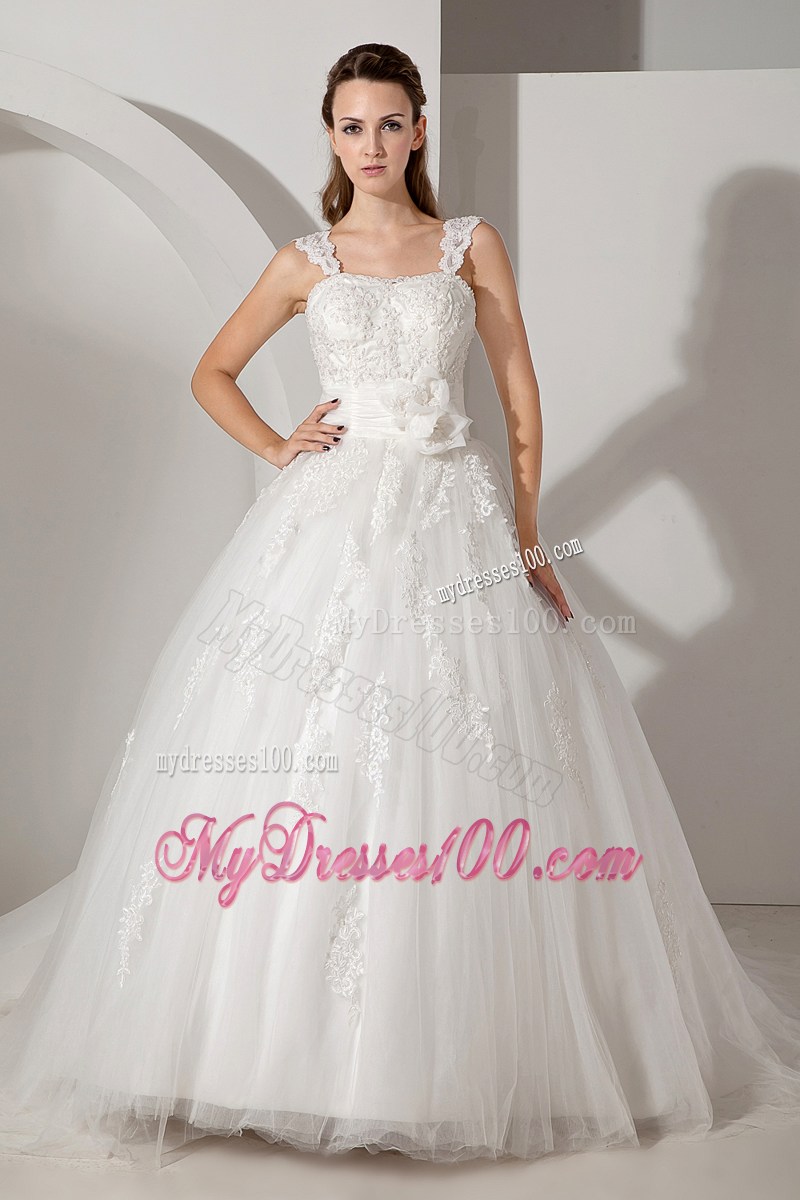 Flowers and Appliques Decorate on Court Train Straps Wedding Dress