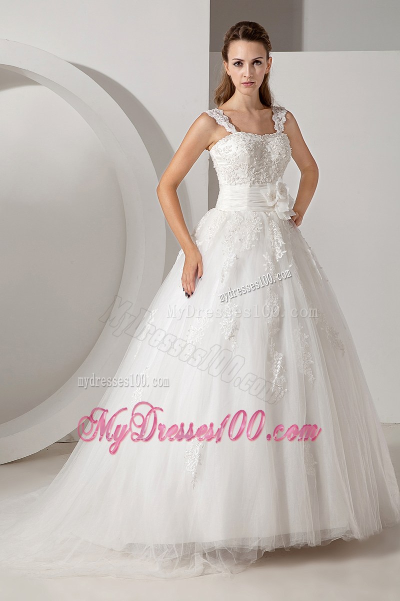 Flowers and Appliques Decorate on Court Train Straps Wedding Dress
