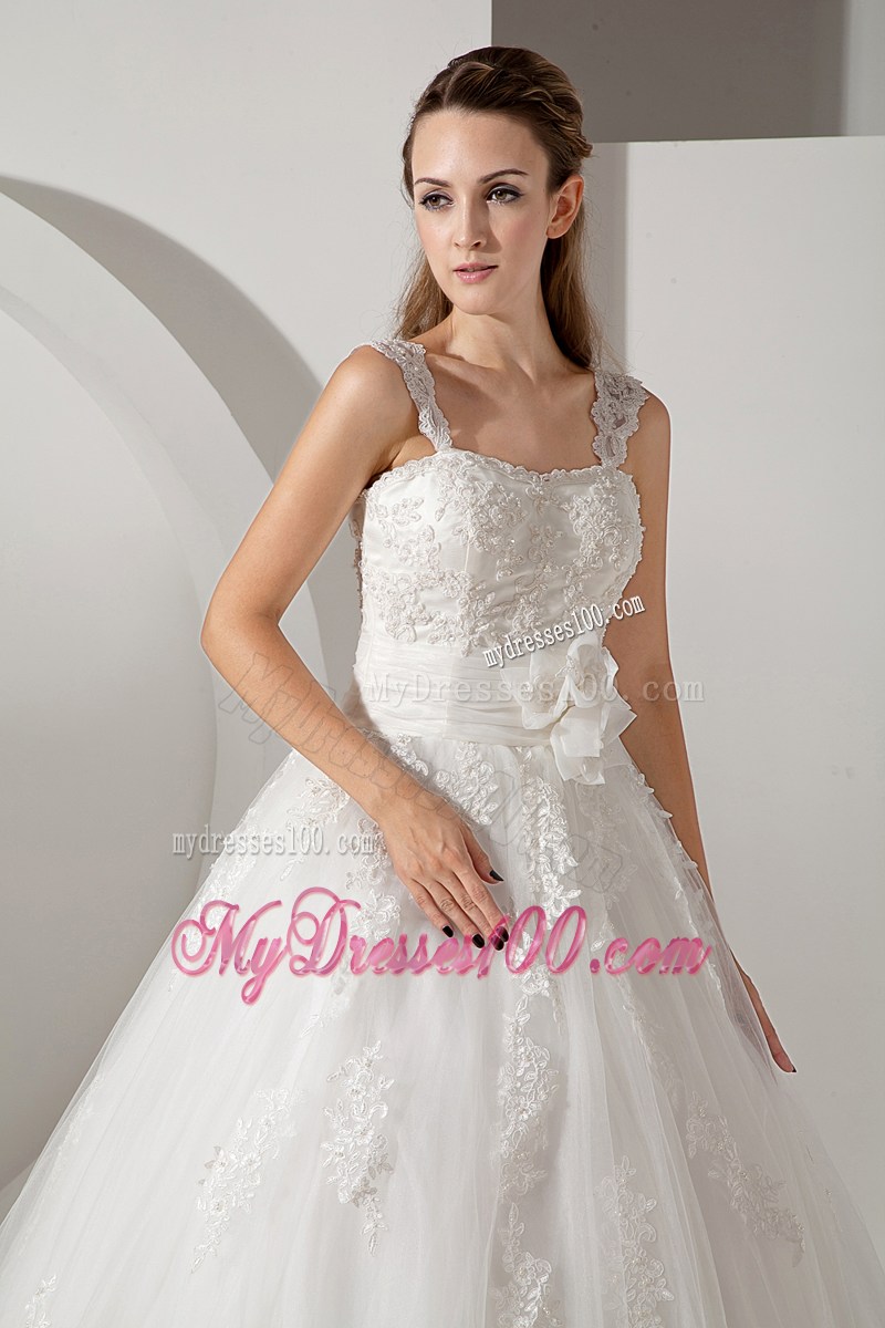 Flowers and Appliques Decorate on Court Train Straps Wedding Dress