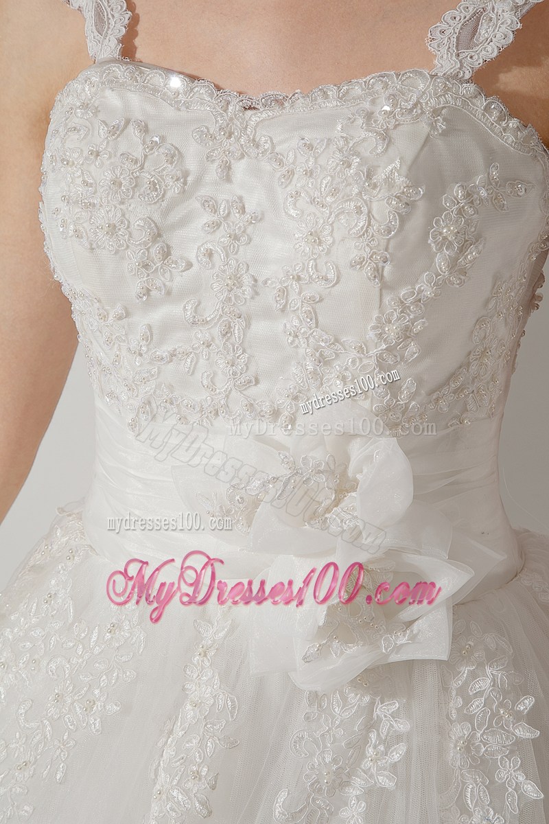 Flowers and Appliques Decorate on Court Train Straps Wedding Dress