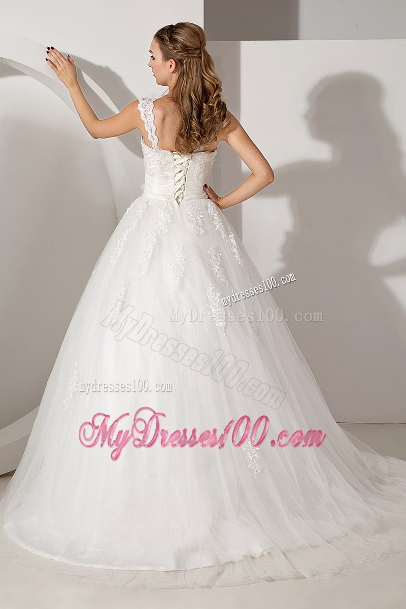 Flowers and Appliques Decorate on Court Train Straps Wedding Dress