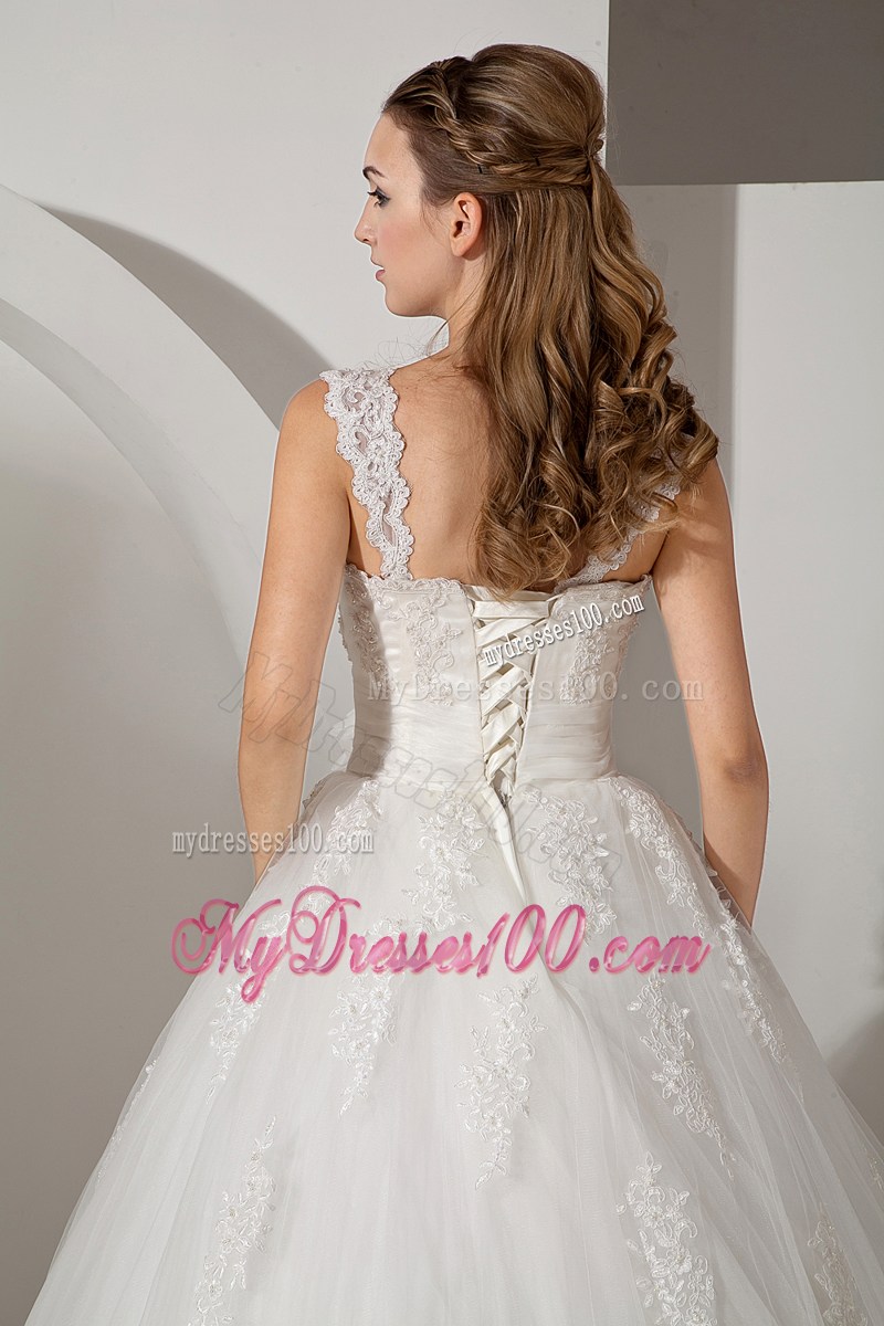 Flowers and Appliques Decorate on Court Train Straps Wedding Dress