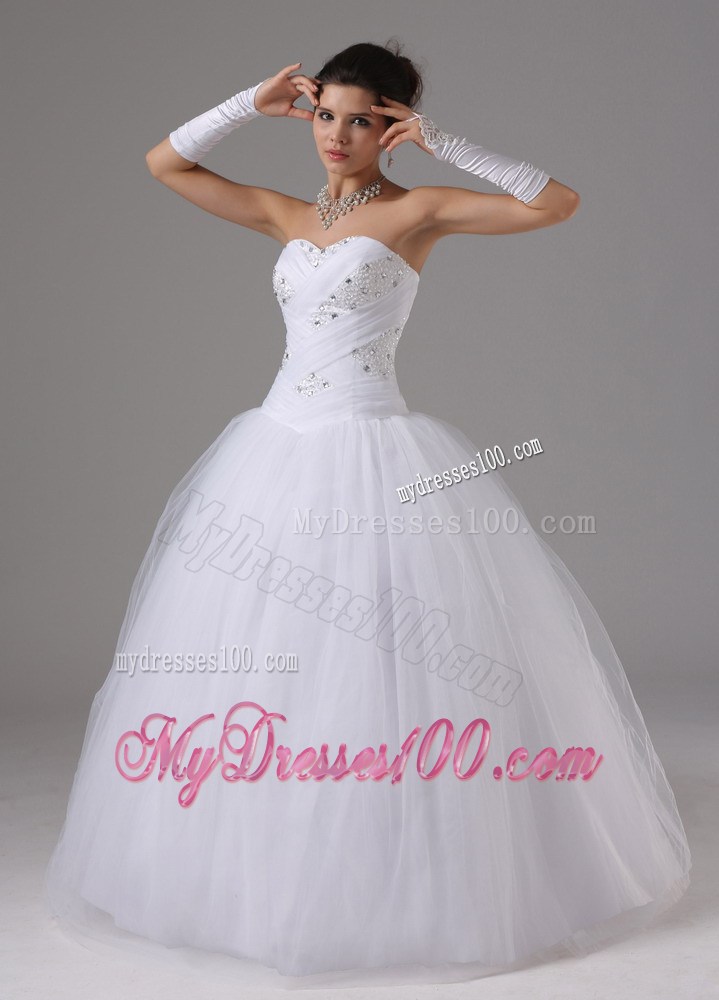 Shiny Beadings Decorated Full Length Ball Gown Dress for Brides in White