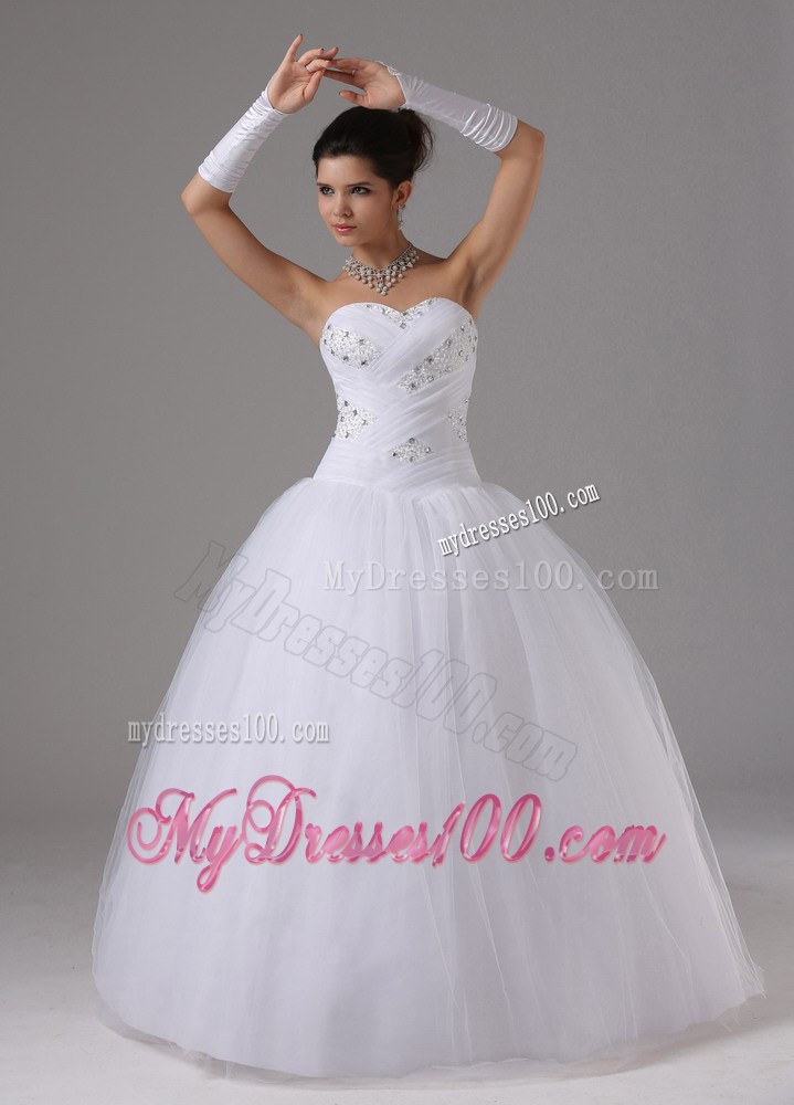 Shiny Beadings Decorated Full Length Ball Gown Dress for Brides in White
