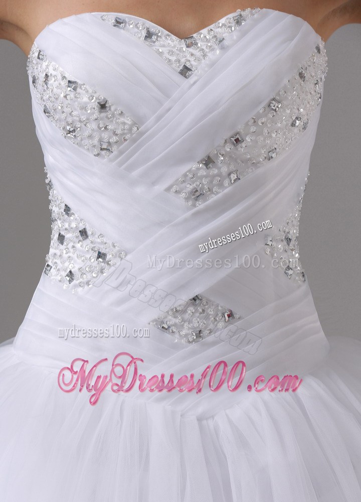 Shiny Beadings Decorated Full Length Ball Gown Dress for Brides in White