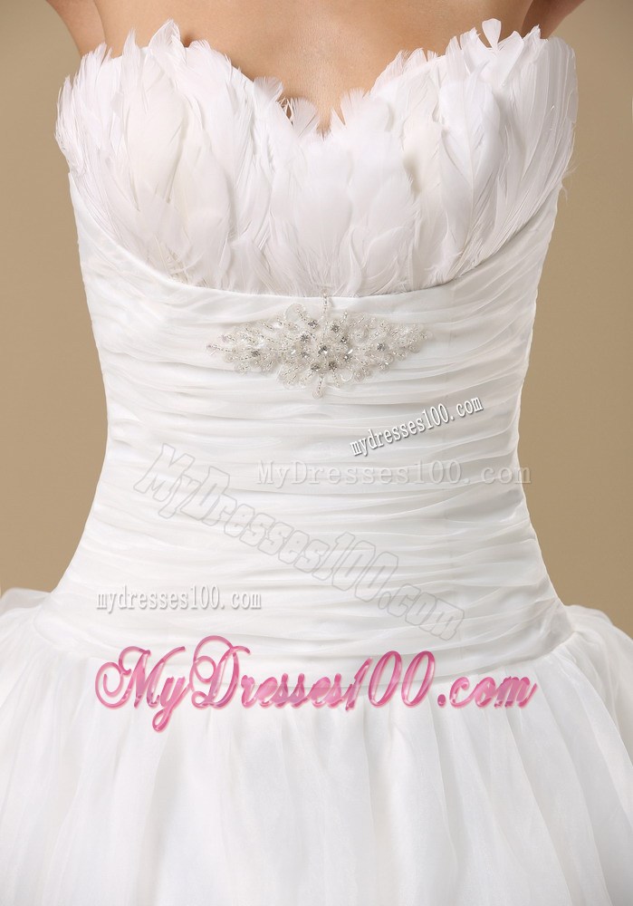 Feather and Ruches Decorate A-line Wedding Gown with Court Train