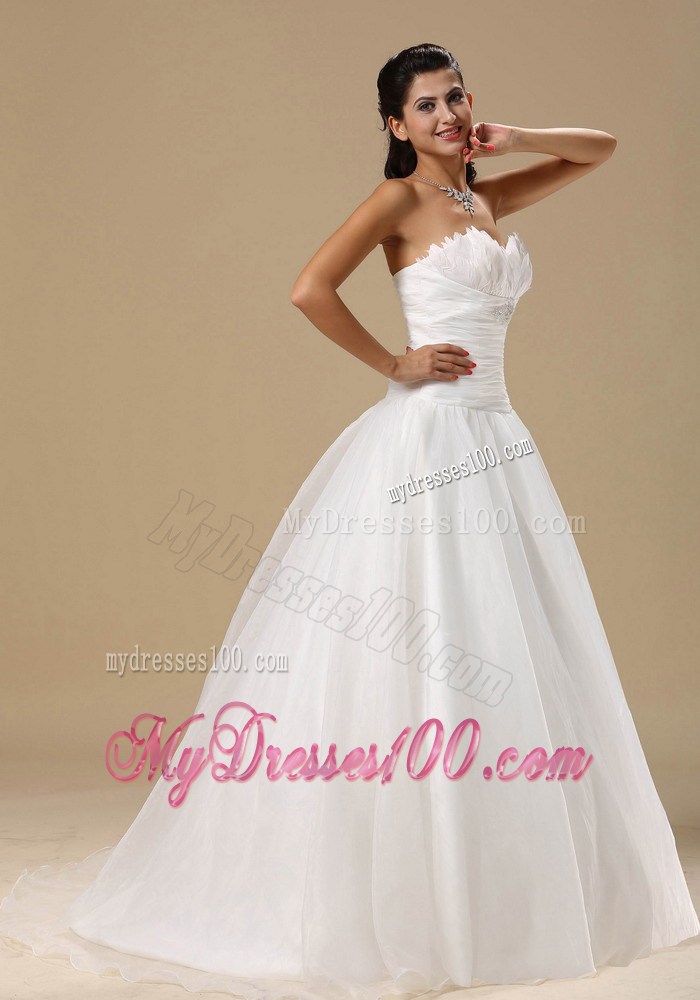 Feather and Ruches Decorate A-line Wedding Gown with Court Train