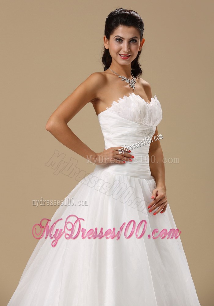 Feather and Ruches Decorate A-line Wedding Gown with Court Train