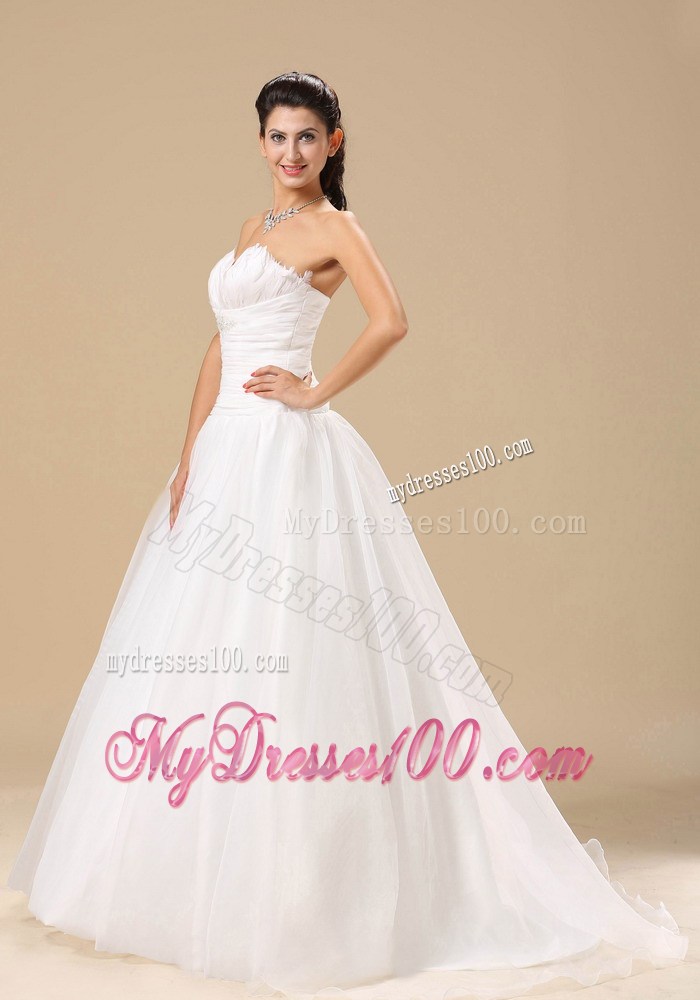 Feather and Ruches Decorate A-line Wedding Gown with Court Train