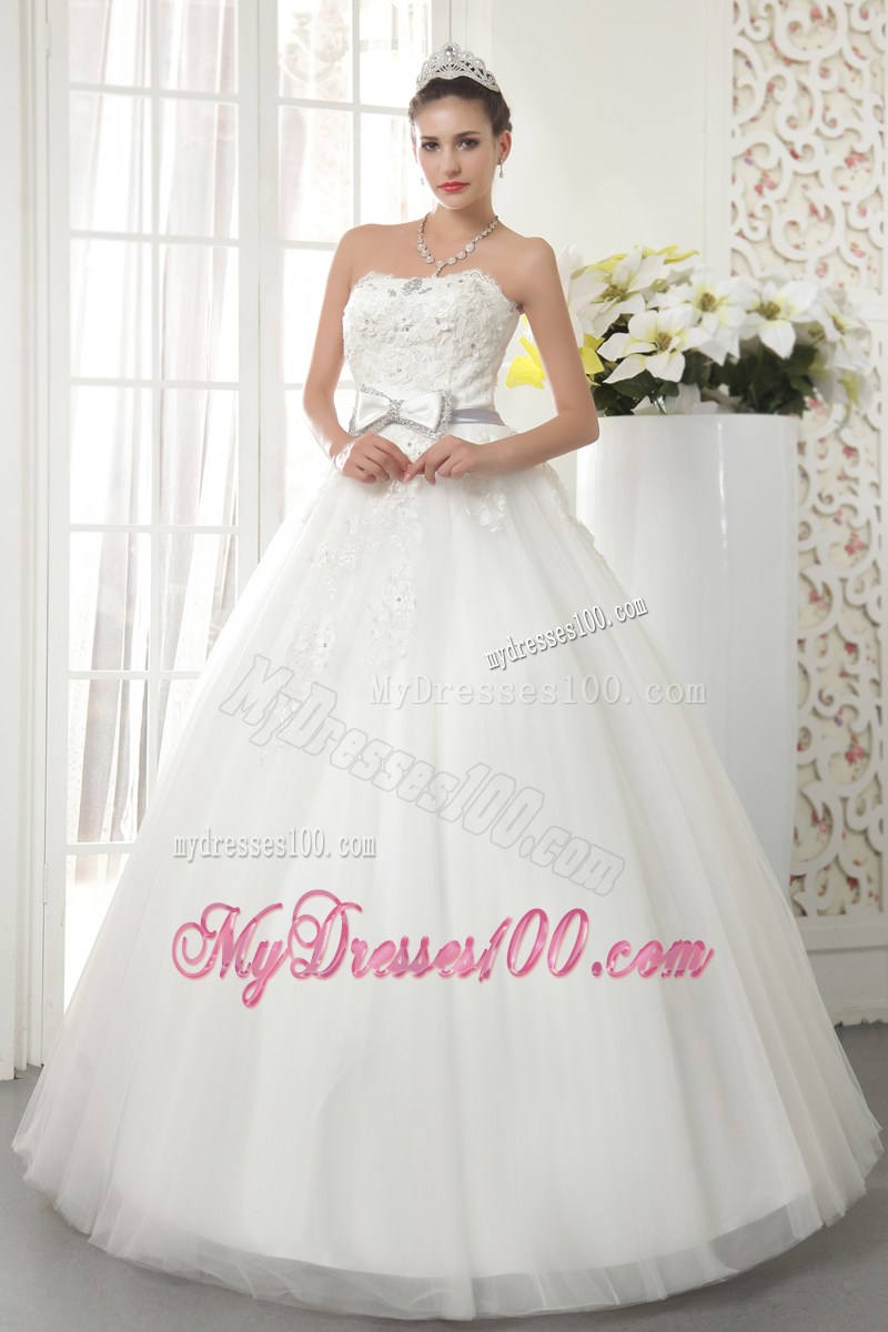 Diamonds and Small Flowers Decorated Wedding Dress with Beaded Bowknot