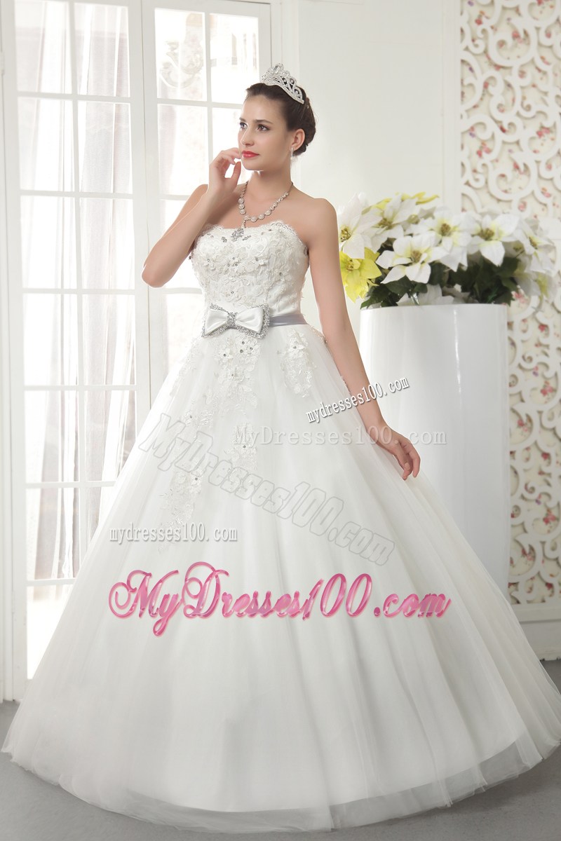 Diamonds and Small Flowers Decorated Wedding Dress with Beaded Bowknot
