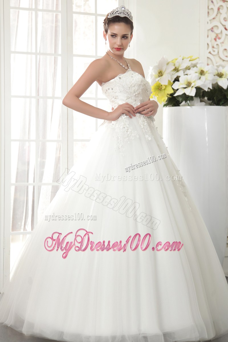 Diamonds and Small Flowers Decorated Wedding Dress with Beaded Bowknot