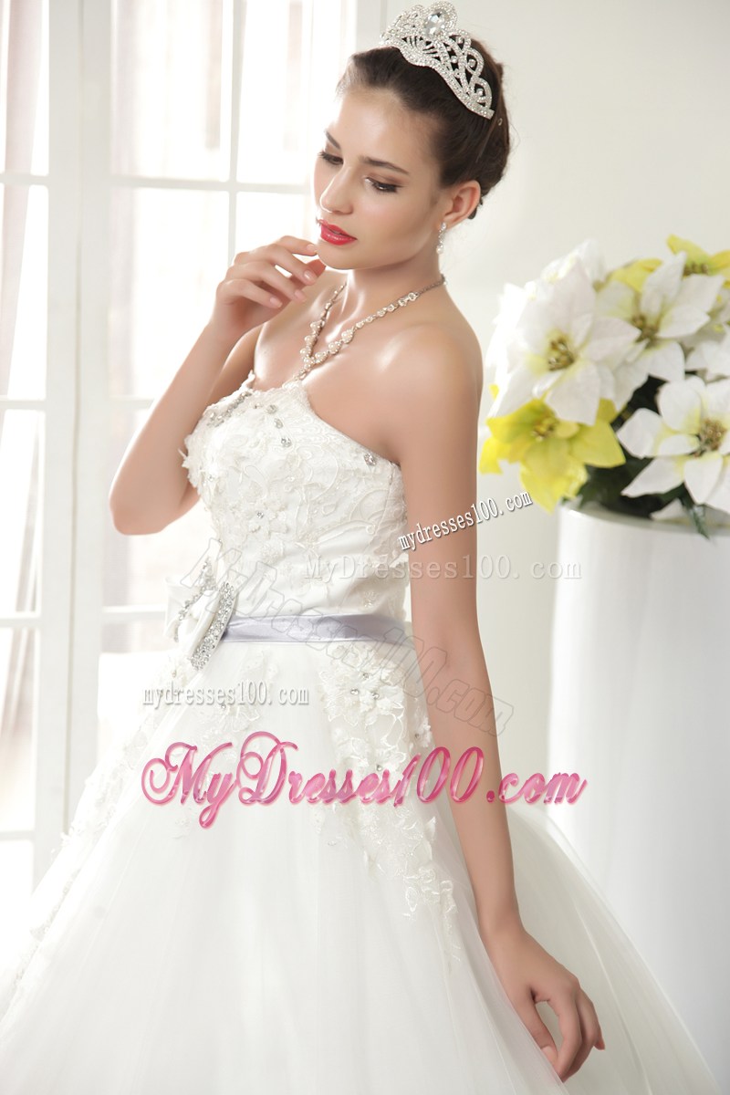 Diamonds and Small Flowers Decorated Wedding Dress with Beaded Bowknot
