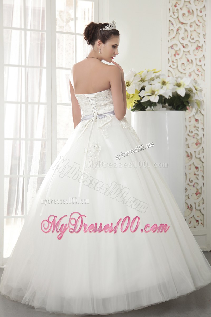 Diamonds and Small Flowers Decorated Wedding Dress with Beaded Bowknot