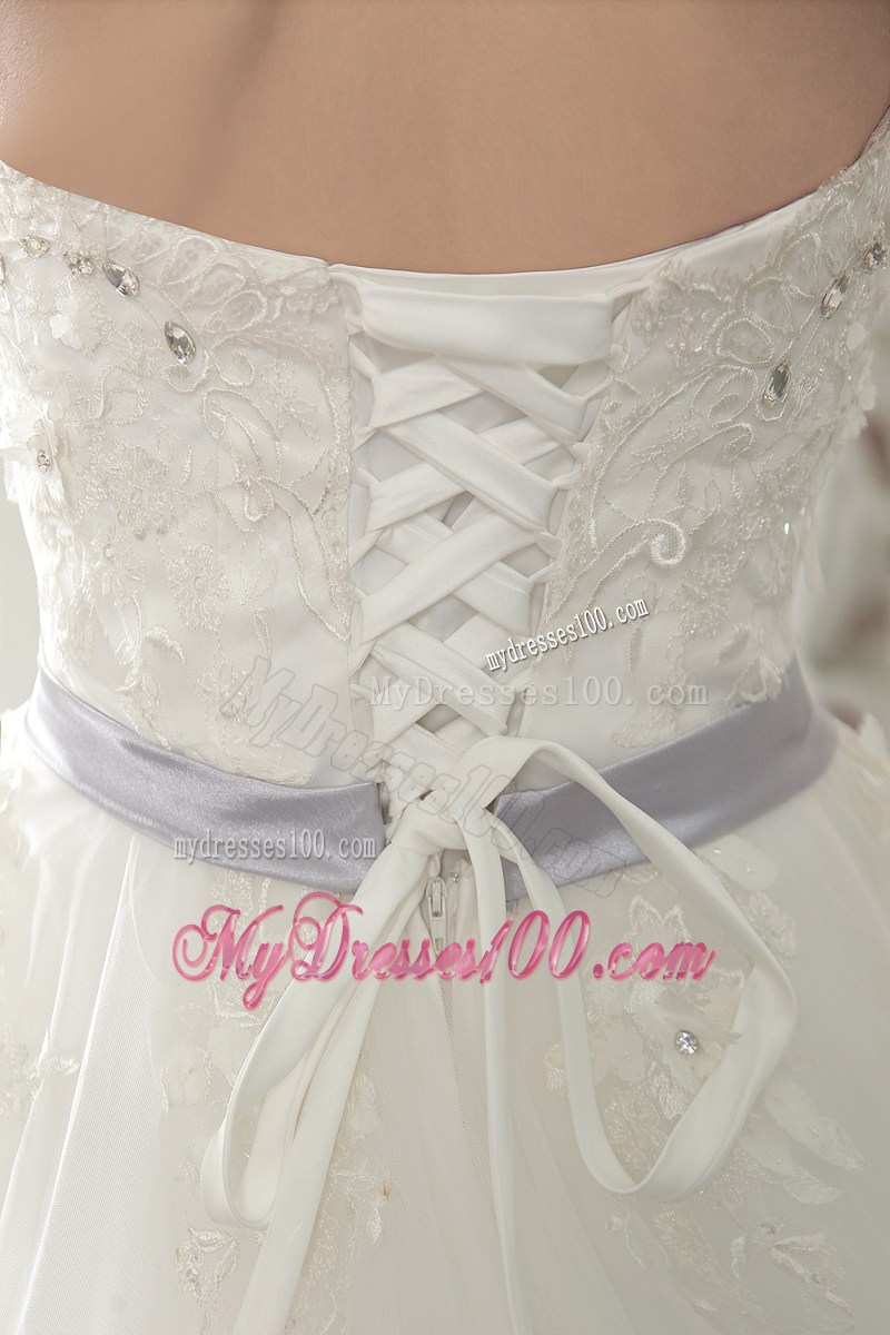 Diamonds and Small Flowers Decorated Wedding Dress with Beaded Bowknot