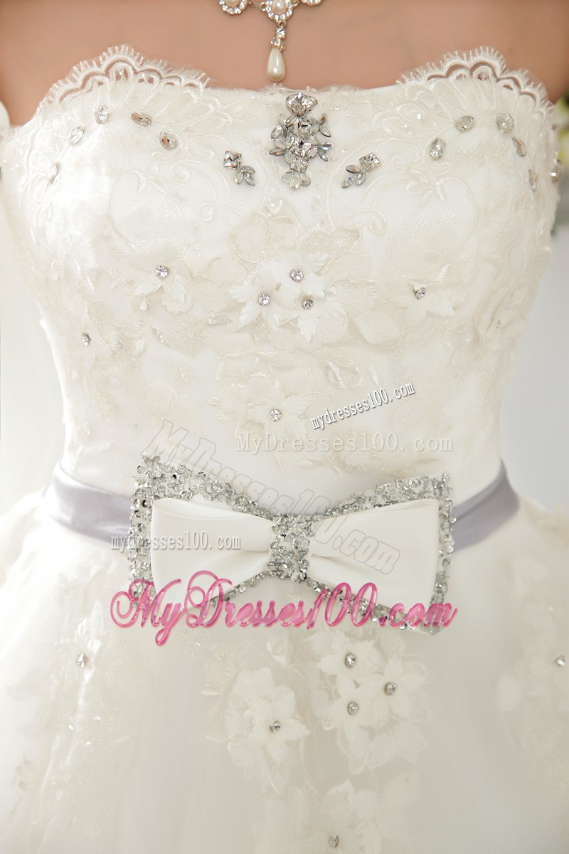 Diamonds and Small Flowers Decorated Wedding Dress with Beaded Bowknot