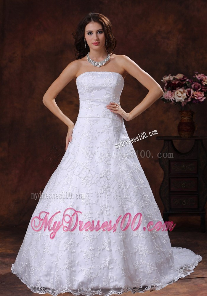 Wonderful Strapless Lace White Wedding Gown Court Train