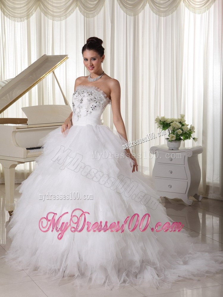 Zipper-up Appliqued and Ruffled Wedding Dress of Floor-length