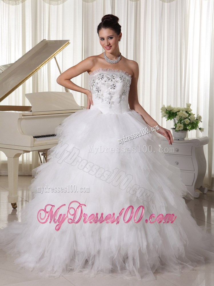 Zipper-up Appliqued and Ruffled Wedding Dress of Floor-length