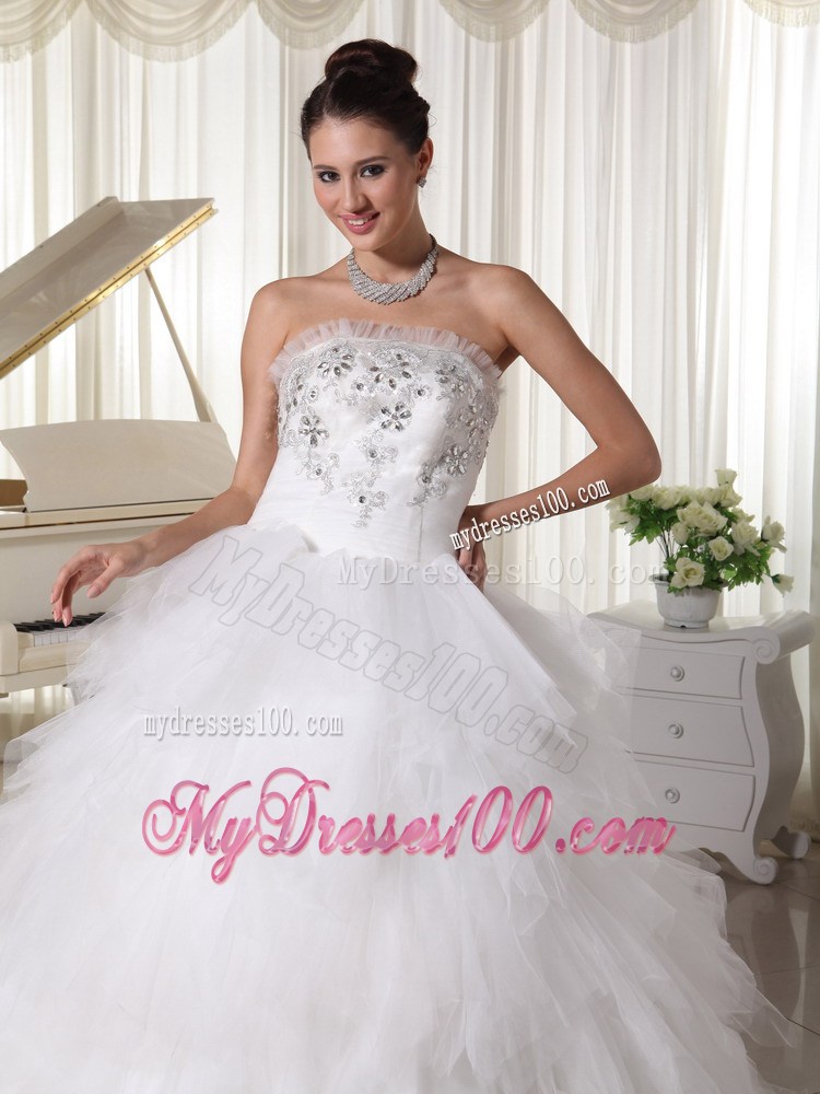 Zipper-up Appliqued and Ruffled Wedding Dress of Floor-length