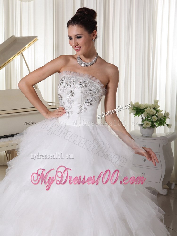 Zipper-up Appliqued and Ruffled Wedding Dress of Floor-length