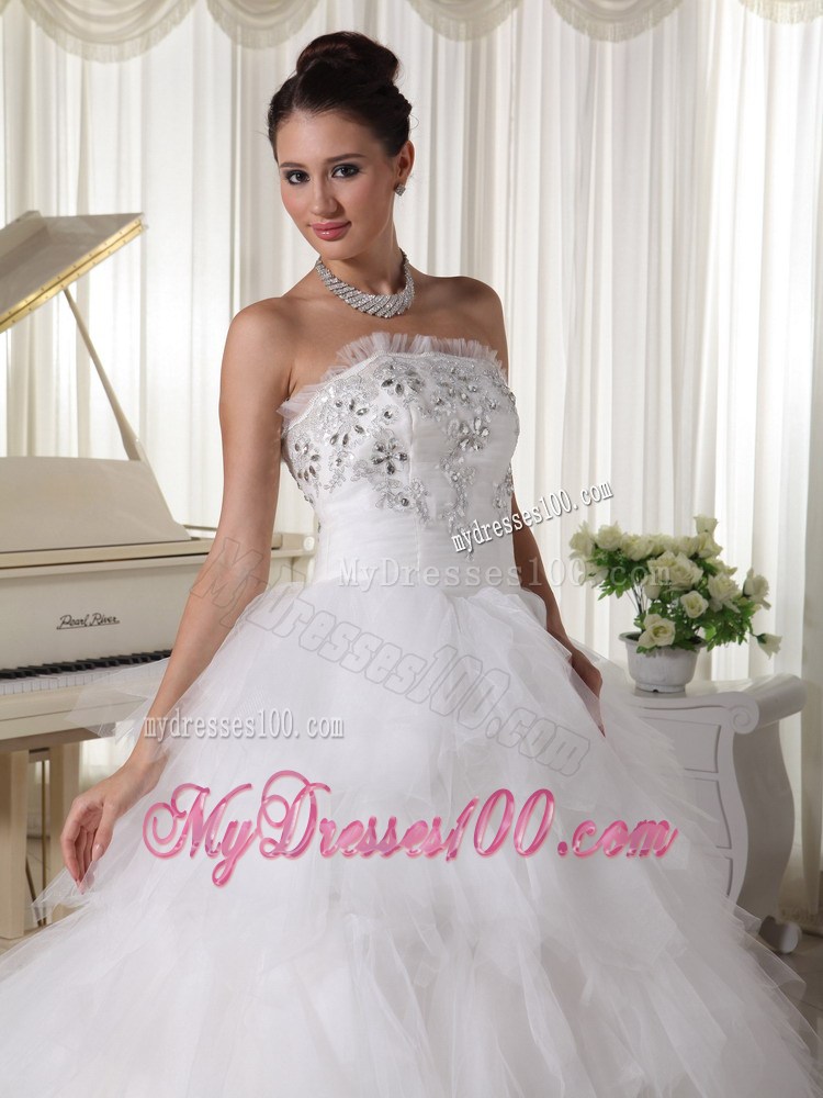 Zipper-up Appliqued and Ruffled Wedding Dress of Floor-length