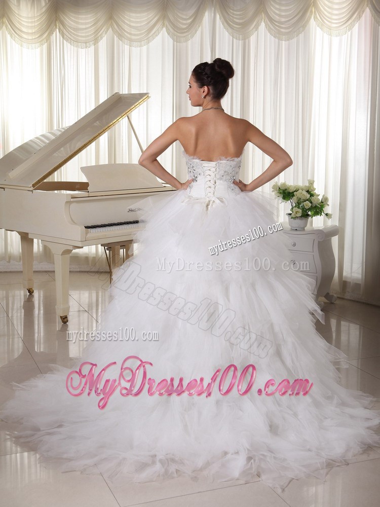 Zipper-up Appliqued and Ruffled Wedding Dress of Floor-length